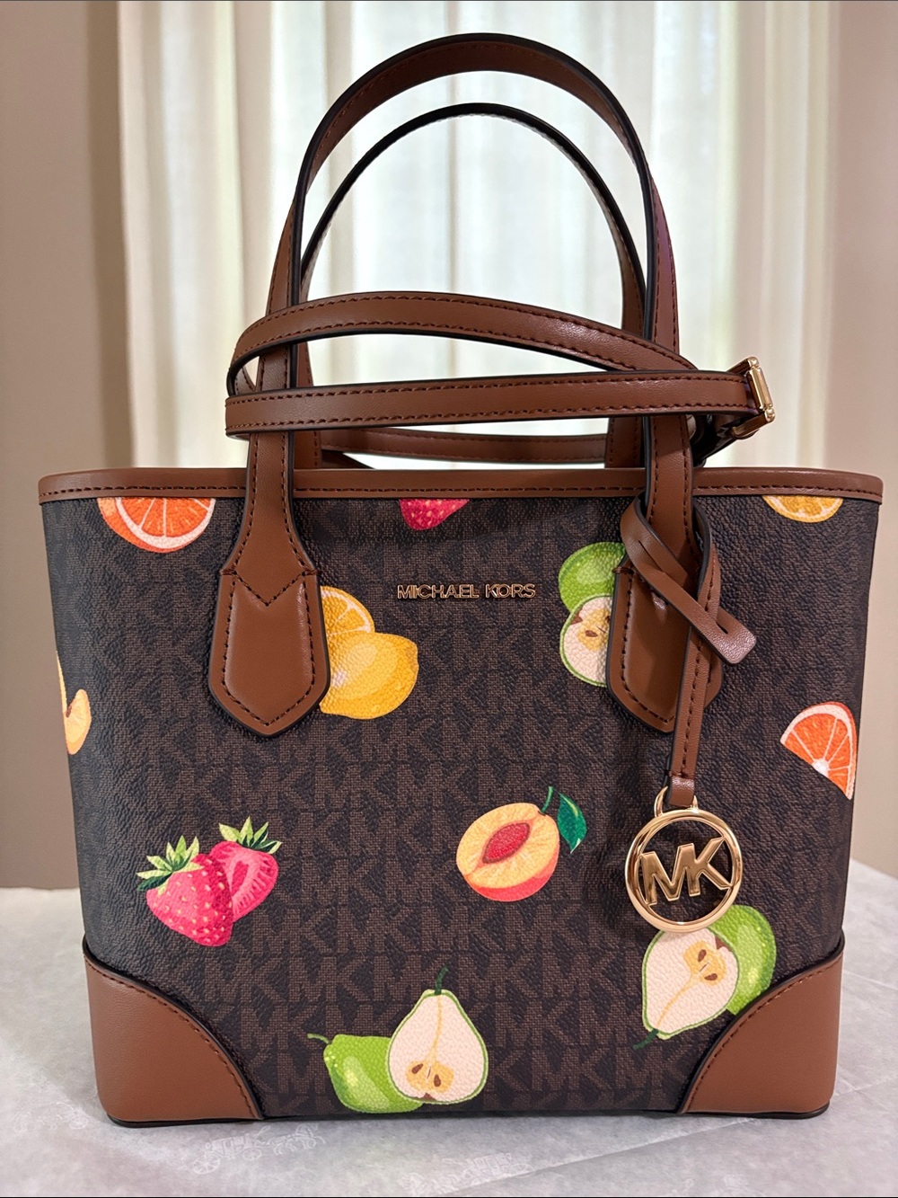 Michael Kors Eva XS Convertible Top Zip Tote Crossbody Handbag Fruit Print